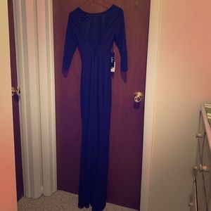 Navy maxi with deep V back (floor length)